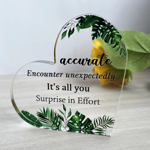 Herzförmiges Transparentes Acryl Tischschmuck Mit Tropischen Blättern Inspirierende Englische Slogans Tischdekoration Geschenk