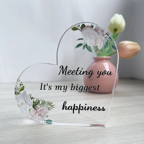 Transparent Acryl Herz Tisch Ornament Rosa Rose Blumendruck Sentimentales Zitat Block Für Valentinstag Geschenk Dekoration