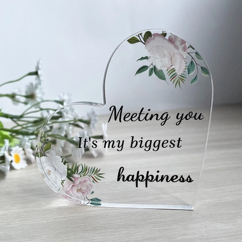 Transparent Acryl Herz Tisch Ornament Rosa Rose Blumendruck Sentimentales Zitat Block Für Valentinstag Geschenk Dekoration