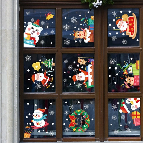 Weihnachten Weihnachtsmann Schneemann Rentier Fensterbilder Statische PVC Aufkleber Für Glastür Wand Feiertag Haus Party Dekoration