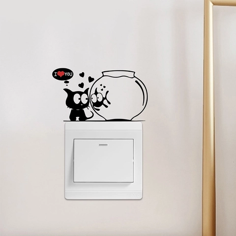 Cartoon Cat Fish Tank Switch Sticker DIY PVC Self-Adhesive Wall Decal For Living Room Bedroom Home Decoration Black Silhouette