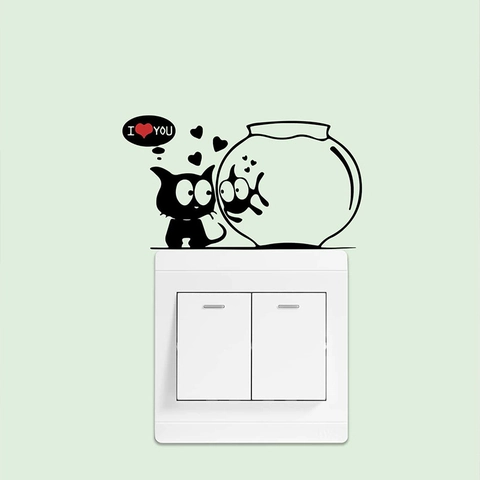 Cartoon Cat Fish Tank Switch Sticker DIY PVC Self-Adhesive Wall Decal For Living Room Bedroom Home Decoration Black Silhouette