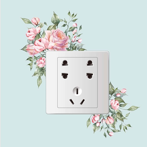 Adesivo per Interruttore con Fiori Rosa e Foglie Verdi Acquerello in PVC Impermeabile Autoadesivo per Soggiorno Camera da Letto