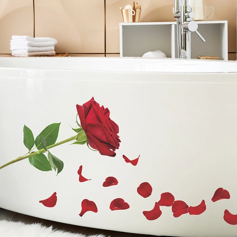 Adesivi da Parete Bagno Romantici Rose e Petali Realistici PVC Impermeabile Autoadesivo per Vasca da Bagno Camera da Letto Decor