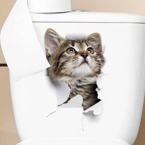 3D Realistische Katze Toilettenaufkleber Wasserdichtes PVC Wandtattoo Für Badezimmer Deko Süße Tiere Zerrissenes Loch Wandsticker