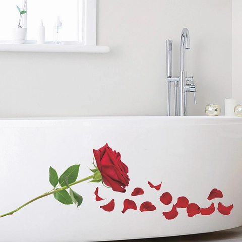 Adesivi da Parete Bagno Romantici Rose e Petali Realistici PVC Impermeabile Autoadesivo per Vasca da Bagno Camera da Letto Decor