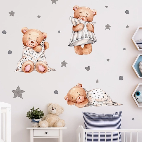 Aquarel Cartoon Beer Sterren Muurstickers Voor Kinderkamer Kleuterschool Slaapkamer Decor PVC Zelfklevend Verwijderbaar Kinderkamer Muurstickers