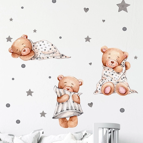 Aquarel Cartoon Beer Sterren Muurstickers Voor Kinderkamer Kleuterschool Slaapkamer Decor PVC Zelfklevend Verwijderbaar Kinderkamer Muurstickers