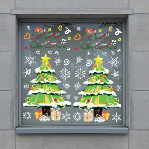 PVC Kerstboom Vensterstickers Merry Christmas Belettering Sneeuwvlokken Cadeaudozen Voor Feestelijke Glazen Deur Decor