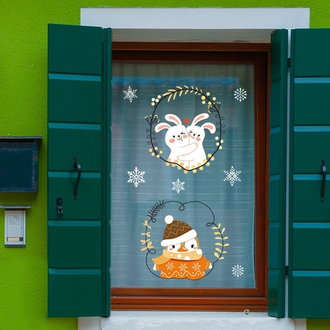 Adesivi per Finestre Statici di Natale con Pinguino e Coniglio in PVC con Fiocchi di Neve e Ghirlanda Floreale Decorazione