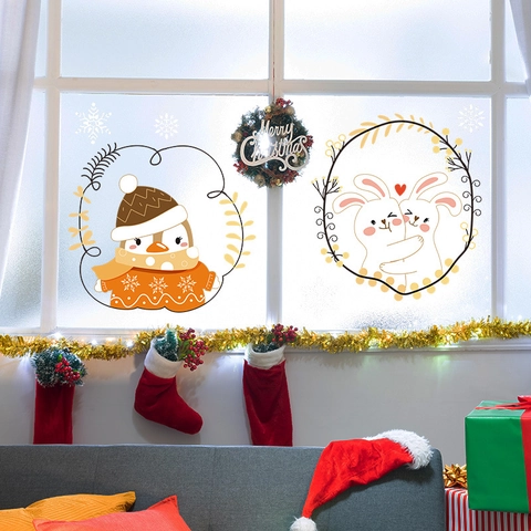 Adesivi per Finestre Statici di Natale con Pinguino e Coniglio in PVC con Fiocchi di Neve e Ghirlanda Floreale Decorazione
