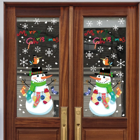Kerst Sneeuwpop Vensterstickers PVC Statisch Klevende Sneeuwvlok Decals Vrolijk Kerstfeest Glazen Deur Decoratie Voor Vakantie Feest Huis Ornament