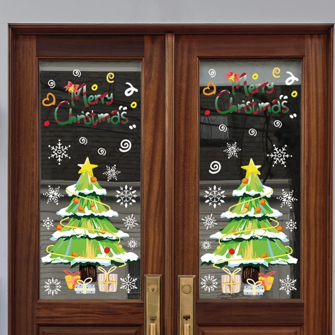 PVC Kerstboom Vensterstickers Merry Christmas Belettering Sneeuwvlokken Cadeaudozen Voor Feestelijke Glazen Deur Decor