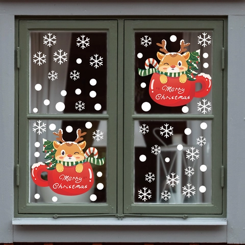 Weihnachten Rentier Schneeflocke Fensteraufkleber Rote Tasse Cartoon Statische PVC Dekore Frohe Weihnachten Wanddekoration