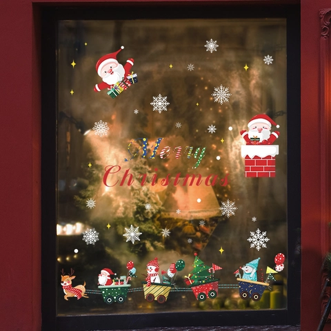 Weihnachten Weihnachtsmann Fensterbilder Rentier Schneemann Zug Glasaufkleber PVC Statische Aufkleber Für Feiertage Zuhause Dekor