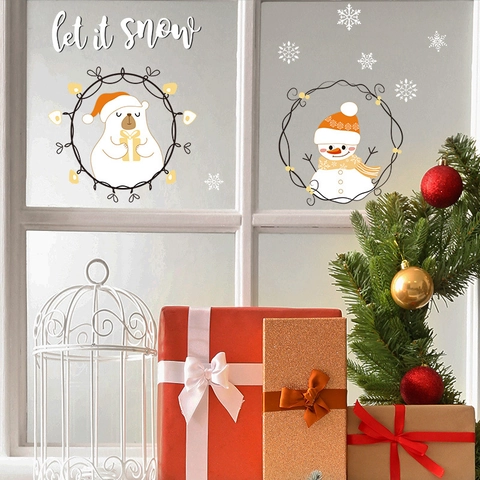 Weihnachten Fenster Statische Aufkleber PVC Eisbär Schneemann Schneeflocke Let It Snow Winter Urlaub Glas Tür Wand Deko