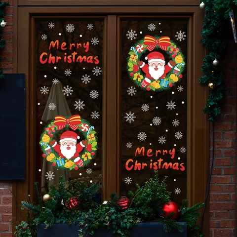 Fröhliche Weihnachten Weihnachtsmann Kranz Fensteraufkleber PVC Schneeflocke Statische Decals Für Glastür Haus Deko