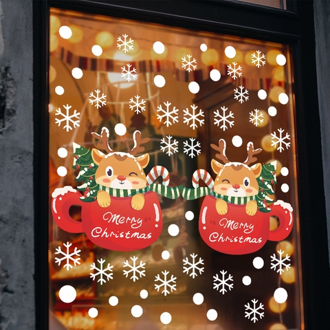 Weihnachten Rentier Schneeflocke Fensteraufkleber Rote Tasse Cartoon Statische PVC Dekore Frohe Weihnachten Wanddekoration