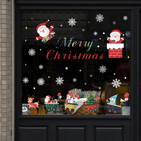 Weihnachten Weihnachtsmann Fensterbilder Rentier Schneemann Zug Glasaufkleber PVC Statische Aufkleber Für Feiertage Zuhause Dekor