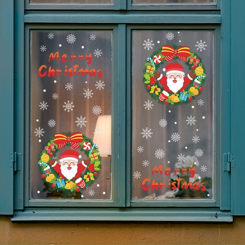 Fröhliche Weihnachten Weihnachtsmann Kranz Fensteraufkleber PVC Schneeflocke Statische Decals Für Glastür Haus Deko