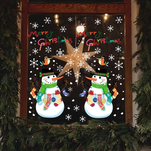 Kerst Sneeuwpop Vensterstickers PVC Statisch Klevende Sneeuwvlok Decals Vrolijk Kerstfeest Glazen Deur Decoratie Voor Vakantie Feest Huis Ornament