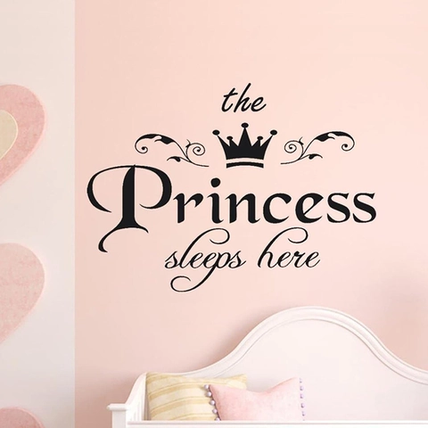 Sticker Mural The Princess Sleeps Here Noir PVC Couronne Vigne Décalcomanie Artistique Pour Décoration De Chambre De Fille Enfant