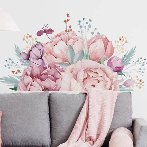 Stickers Muraux Fleur de Pivoine Aquarelle Style Chinois Rose Violet Floral Stickers PVC Auto-Adhésifs pour Décoration de Salon