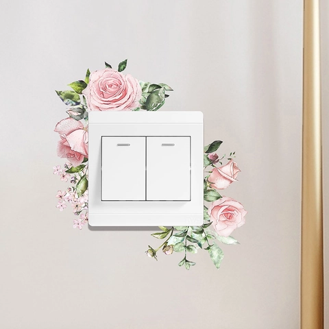 Adesivo per Interruttore della Luce in PVC con Fiori di Rosa Rosa Foglie Verdi Rimovibili per Soggiorno Camera da Letto Decorazione Murale per la Casa