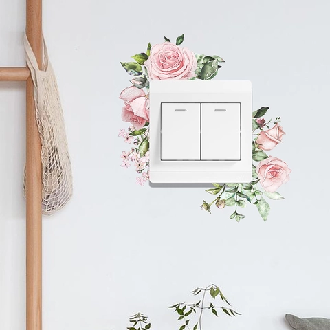 Adesivo per Interruttore della Luce in PVC con Fiori di Rosa Rosa Foglie Verdi Rimovibili per Soggiorno Camera da Letto Decorazione Murale per la Casa