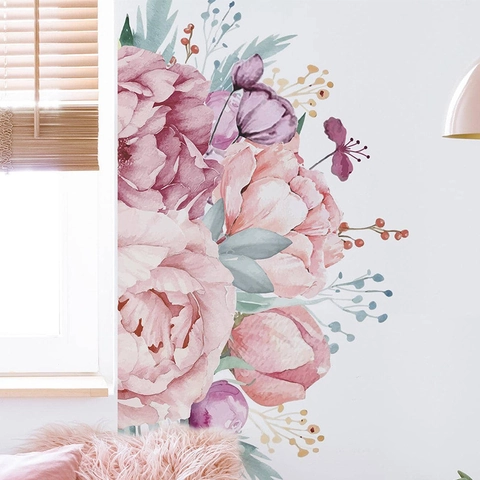 Stickers Muraux Fleur de Pivoine Aquarelle Style Chinois Rose Violet Floral Stickers PVC Auto-Adhésifs pour Décoration de Salon