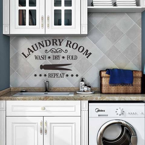 Laundry Room Wall Decal Vinyl Art Wash Dry Fold Repeat Black Home Decor Quote Sign Waterproof PVC DIY Wall Sticker