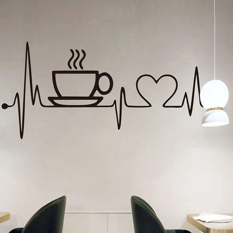 Adesivo da Parete Creativo Linea ECG Battito Cardiaco Tazzina da Caffè PVC Nero Autoadesivo Murale per Soggiorno Camera da Letto Bar Decorazione