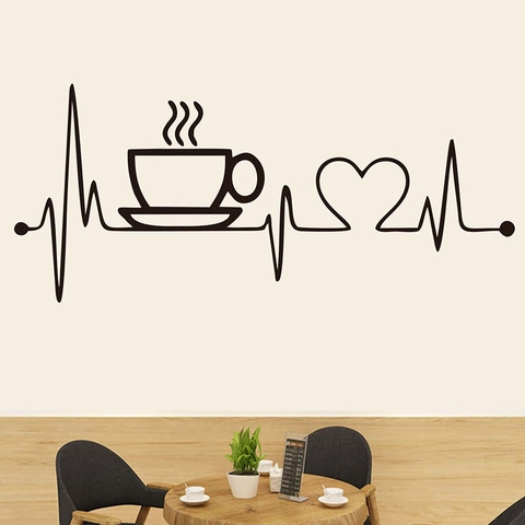 Adesivo da Parete Creativo Linea ECG Battito Cardiaco Tazzina da Caffè PVC Nero Autoadesivo Murale per Soggiorno Camera da Letto Bar Decorazione