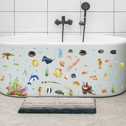 Cartoon Ocean Animal Bathroom Stickers Waterproof PVC Sea Turtle Dolphin Octopus Wall Decals For Bathtub Kids Room Decor