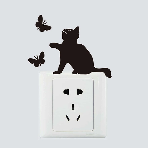 Adesivo per Interruttore Gatto e Farfalla Nero in PVC Silhouette Decalcomania da Parete per Soggiorno Camera da Letto Casa