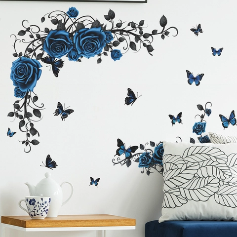 Romantic Blue Rose Butterfly Wall Stickers Self-adhesive PVC Floral Vines Wall Decal For Bedroom Living Room Home Decor