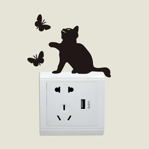Adesivo per Interruttore Gatto e Farfalla Nero in PVC Silhouette Decalcomania da Parete per Soggiorno Camera da Letto Casa