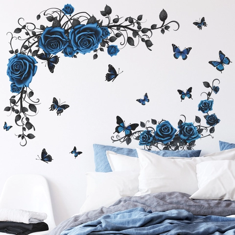 Romantic Blue Rose Butterfly Wall Stickers Self-adhesive PVC Floral Vines Wall Decal For Bedroom Living Room Home Decor