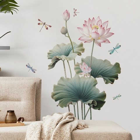 Chinese Style Lotus Dragonfly PVC Wall Sticker Removable Floral Art Decal For Living Room Bedroom TV Background Home Decor