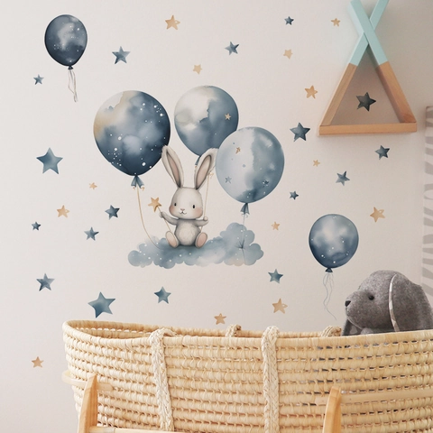 Watercolor Cartoon Rabbit Star Balloon Wall Stickers PVC Removable Wall Decals For Kids Room Kindergarten Nursery Decorative Poster