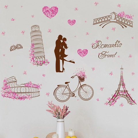 Romantic Romantic Travel Wall Sticker Eiffel Tower Landmarks Couple Silhouette DIY Art PVC Decal For Bedroom Living Room Decor