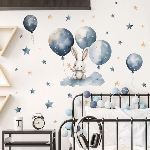 Watercolor Cartoon Rabbit Star Balloon Wall Stickers PVC Removable Wall Decals For Kids Room Kindergarten Nursery Decorative Poster