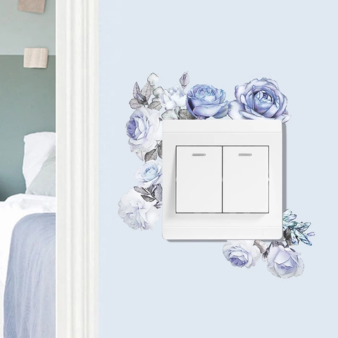 Watercolor Blue Rose Flower Switch Sticker PVC Self Adhesive Wall Decal For Bedroom Living Room Decorative Home Mural Sticker