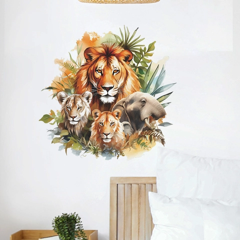 Cartoon Leeuw Olifant Dieren Aquarel Muurstickers Voor Kinderkamer Slaapkamer Woonkamer Verwijderbare PVC Decoratieve Muurschildering