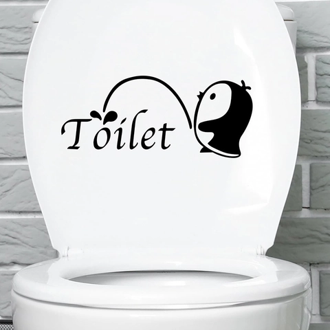 Adesivo per WC Creativo con Pinguino dei Cartoni Animati PVC Impermeabile Decalcomania da Muro per Bagno Arredamento Casa Nero Arte Fai da Te