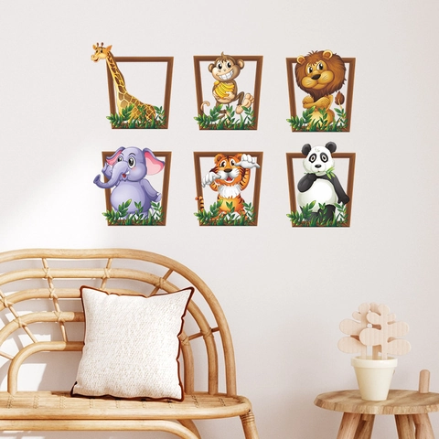 3D Cartoon Animal Photo Frame Wall Stickers PVC Simulated Wood Frame Jungle Animals Decals For Children Room Home Decor