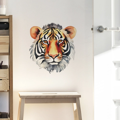 Sticker Mural en PVC Tête de Tigre Aquarelle Artistique Décalcomanie Décorative Animale pour Chambre à Coucher Salon Décoration