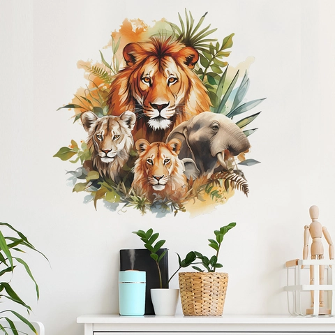 Cartoon Leeuw Olifant Dieren Aquarel Muurstickers Voor Kinderkamer Slaapkamer Woonkamer Verwijderbare PVC Decoratieve Muurschildering