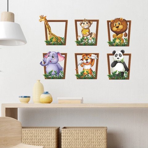 3D Cartoon Animal Photo Frame Wall Stickers PVC Simulated Wood Frame Jungle Animals Decals For Children Room Home Decor
