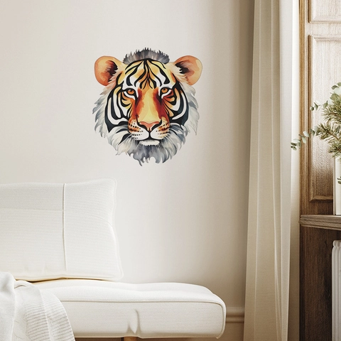 Sticker Mural en PVC Tête de Tigre Aquarelle Artistique Décalcomanie Décorative Animale pour Chambre à Coucher Salon Décoration